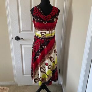 Midi Brown, Red and White Abstract Sleeveless Dress, Size L